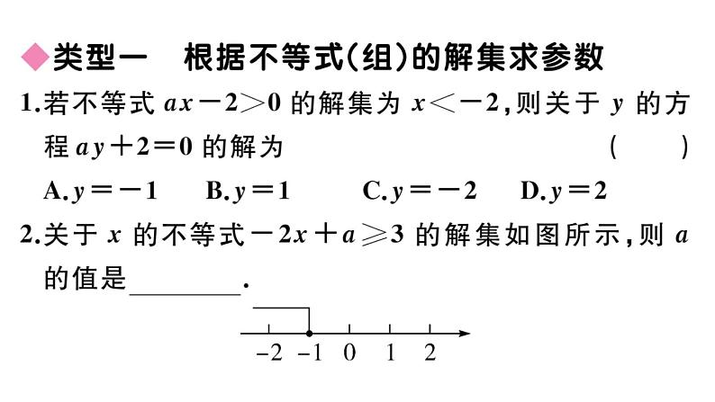 北师大版八年级数学下第二章一元一次不等式与一元一次不等式组类比归纳专题：不等式（组）中参数的确定课后习题课件02