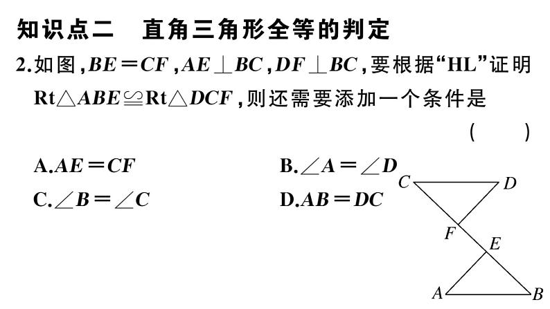 北师大版八年级数学下第一章三角形的证明1.2 第2课时 直角三角形全等的判定课后习题课件03