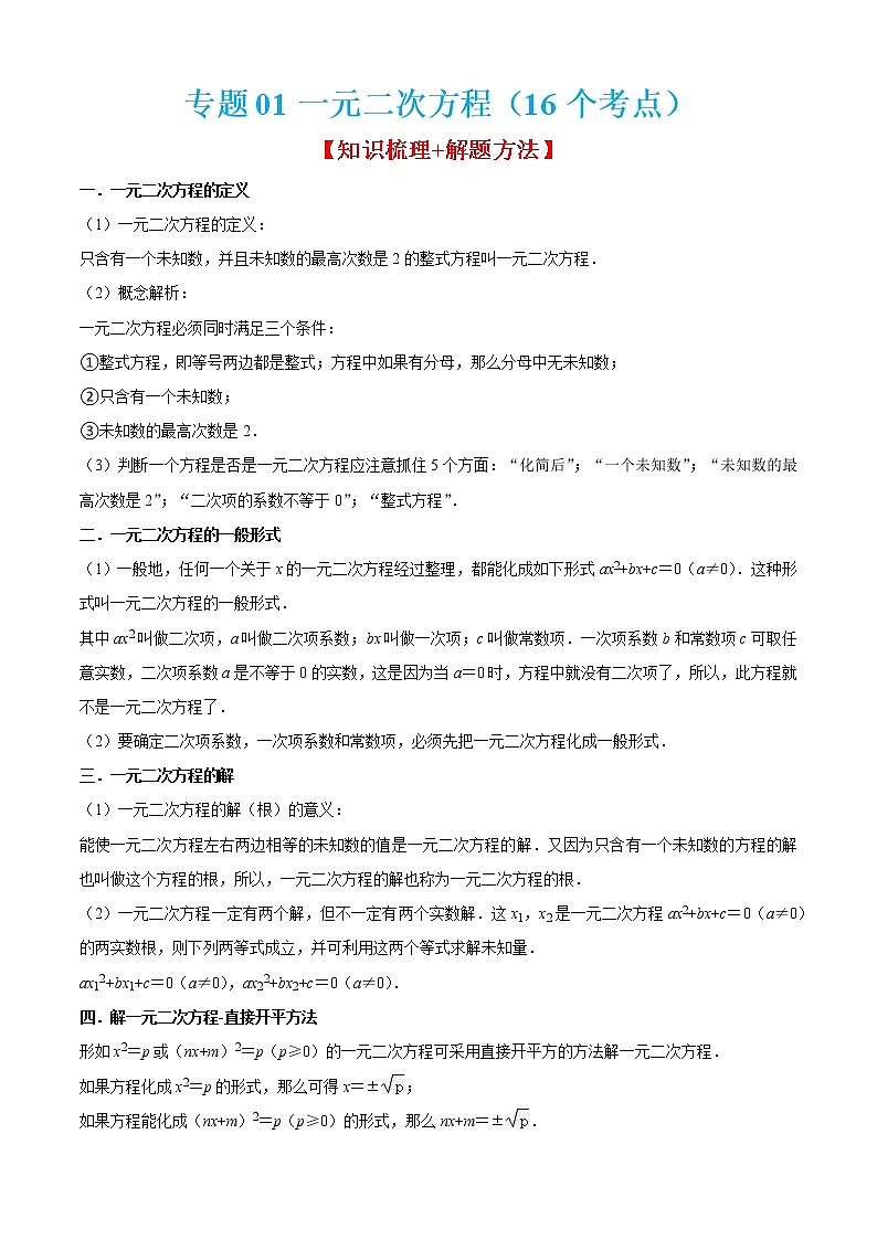 2022-2023学年九年级数学上学期期末考点大串讲专题01 一元二次方程（16个考点）第1页