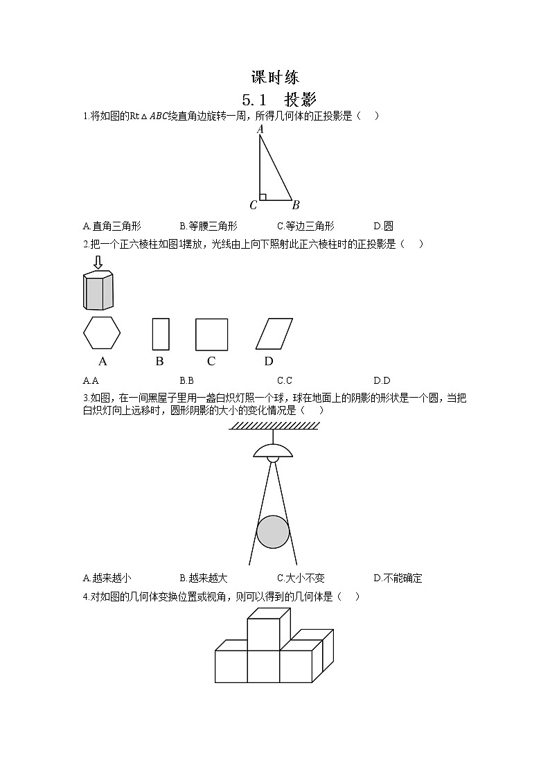 九年级数学北师大版上册  《5.1 投影》 课时练1第1页