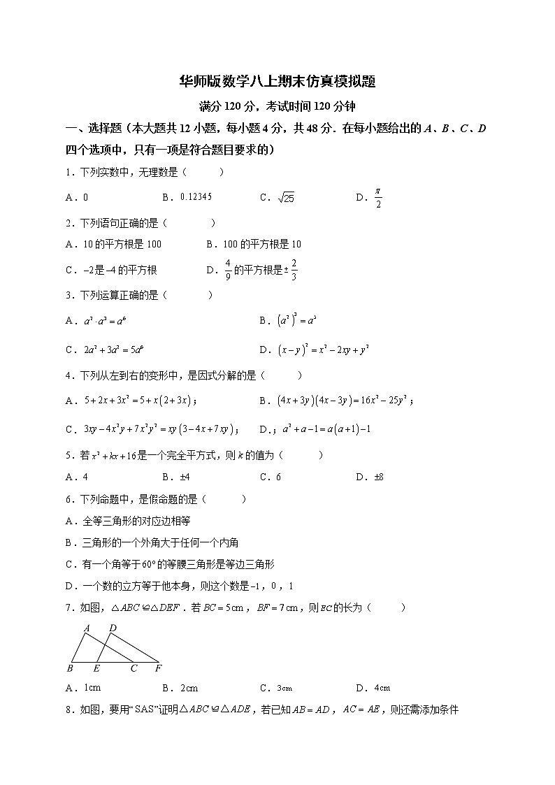 2022-2023学年华东师大版八年级上册数学期末仿真模拟试题(含答案)第1页