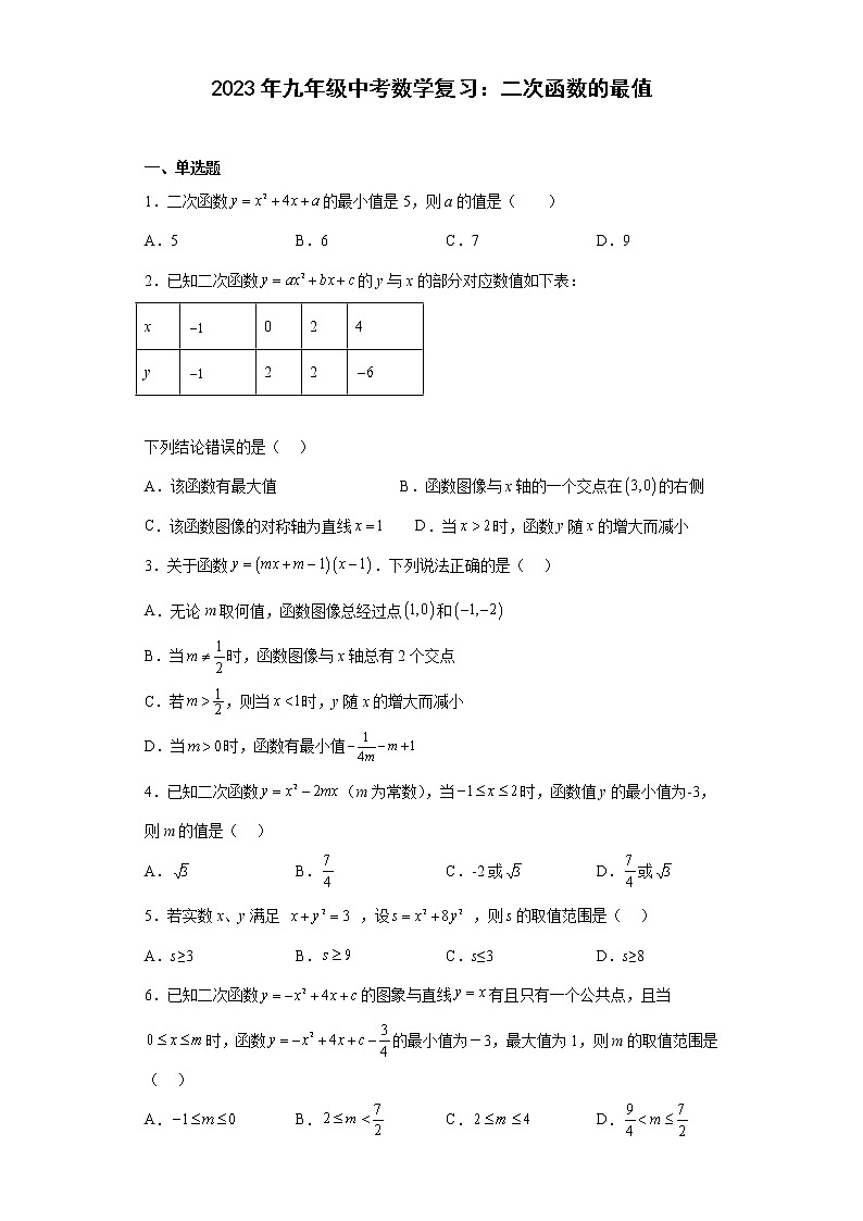 2023年九年级中考数学复习：二次函数的最值(含答案)第1页