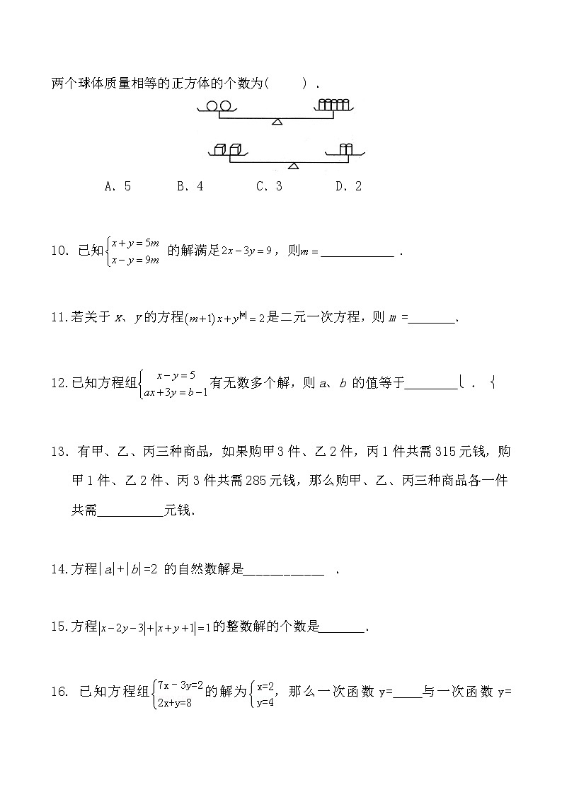 北师大版2022-2023学年八年级数学上册第五章《二元一次方程组》单元复习检测题（无答案）第3页