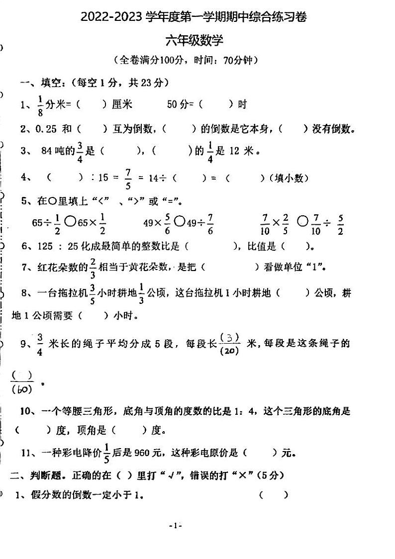 广东省江门市台山市新宁小学2022-2023学年六年级上学期期中考试数学试题01