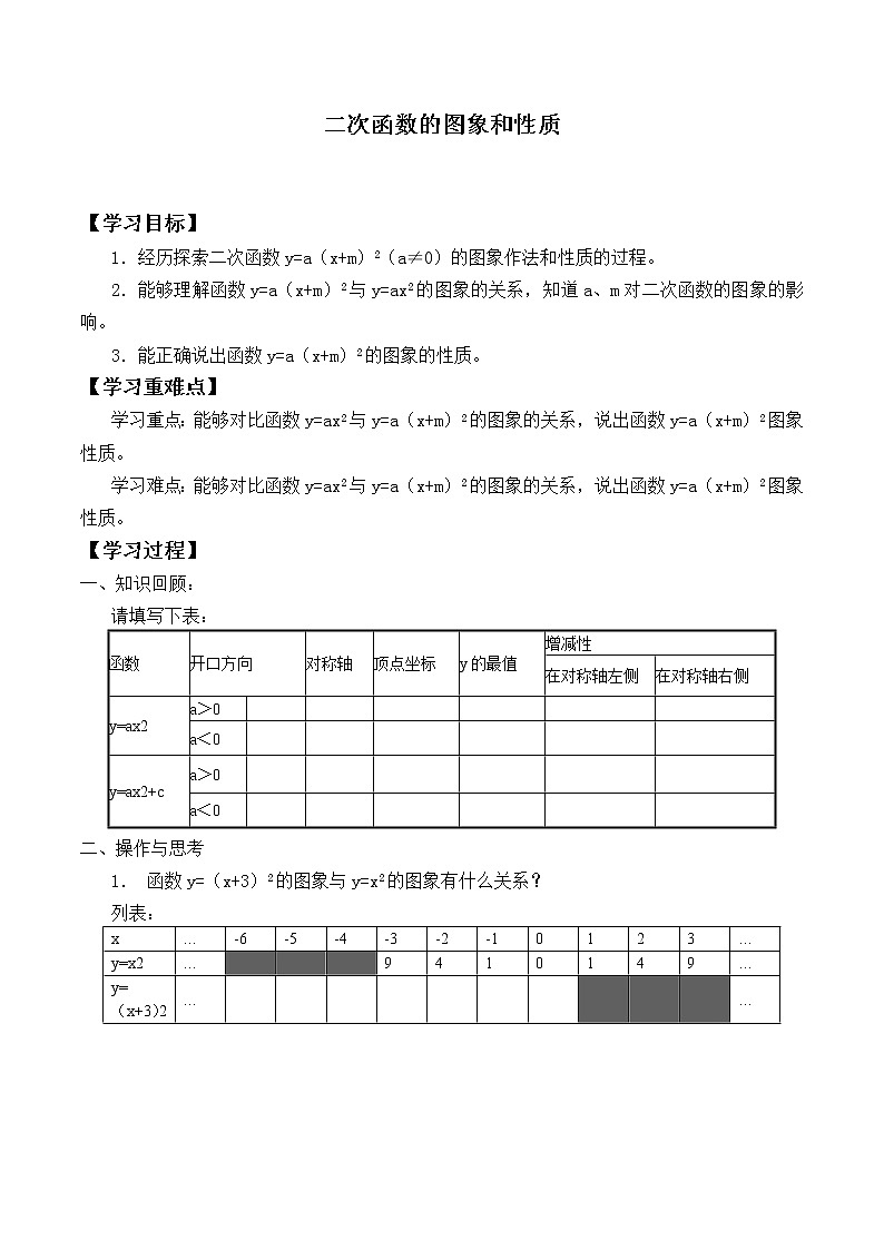 江苏科学技术出版社初中数学九年级下册 5.2 二次函数的图像和性质    学案201