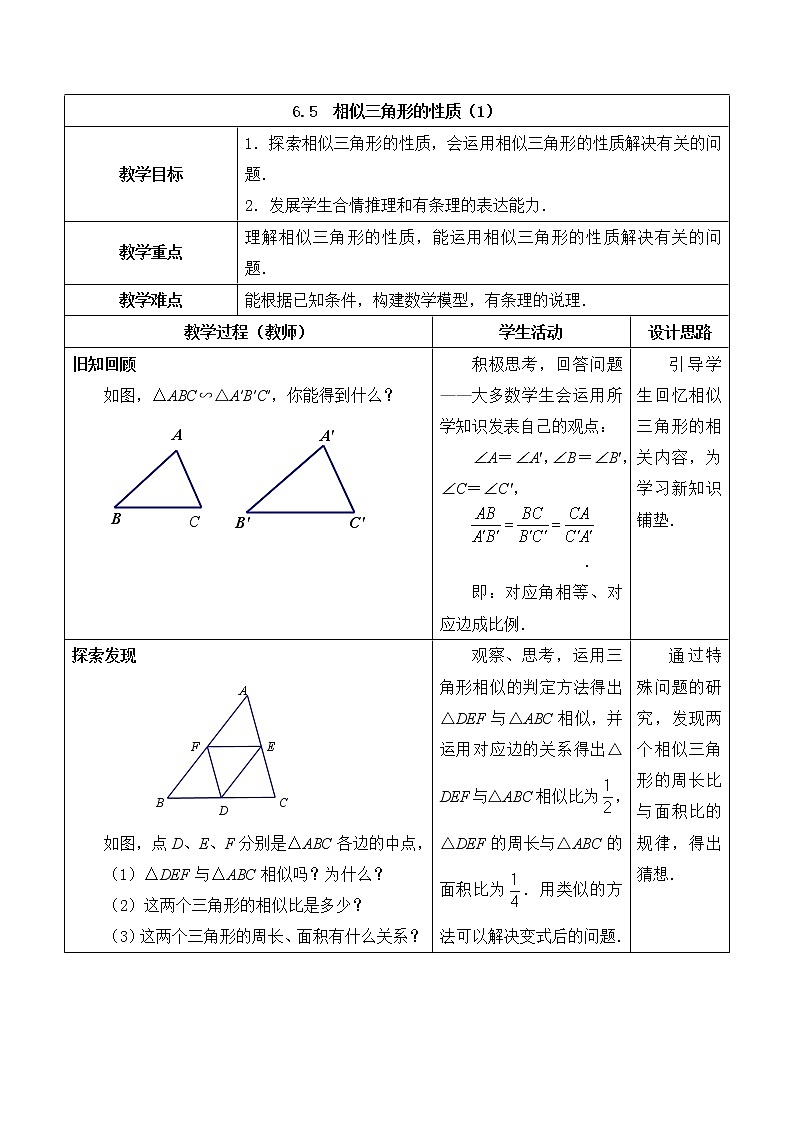 江苏科学技术出版社初中数学九年级下册 6.5 相似三角形的性质      教案401