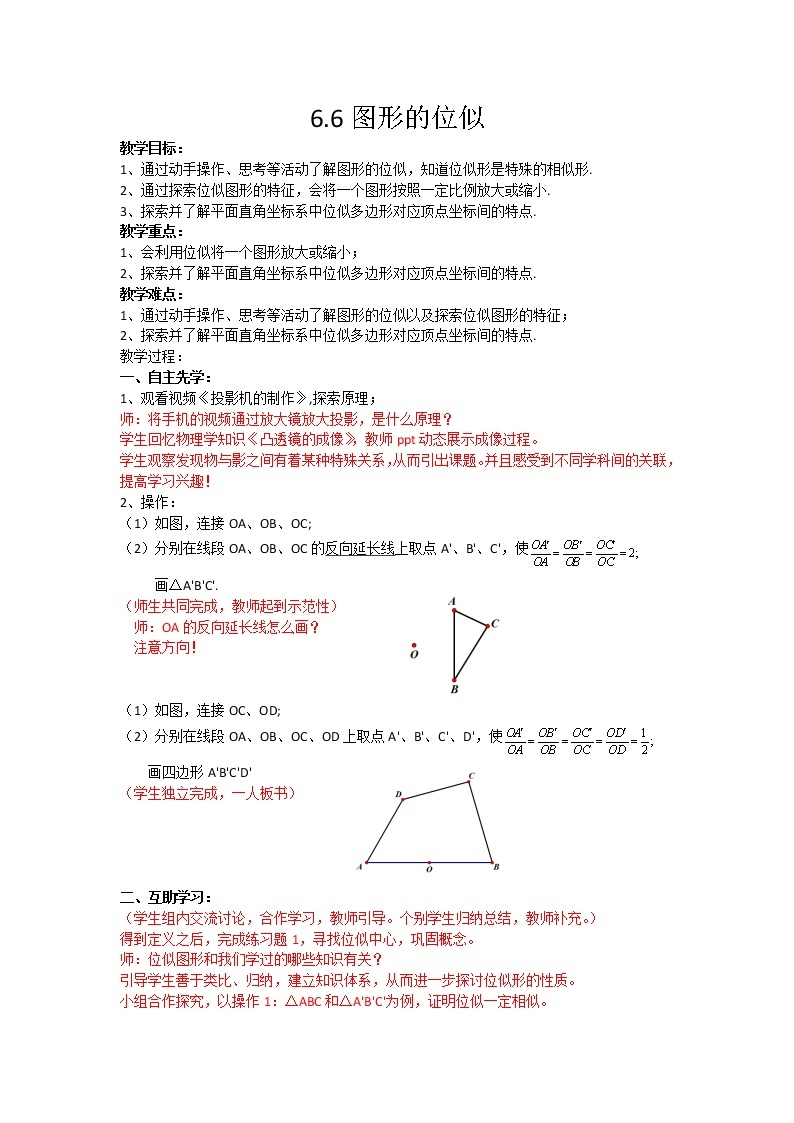 江苏科学技术出版社初中数学九年级下册 6.6 图形的位似   教案01