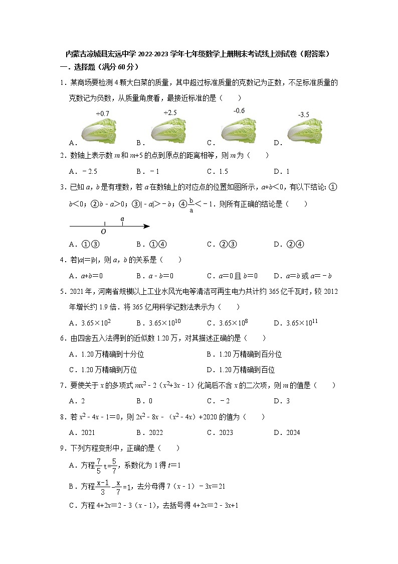 内蒙古自治区乌兰察布市凉城县宏远中学2022-2023学年七年级数学上学期期末考试线上测试卷 (含答案)01