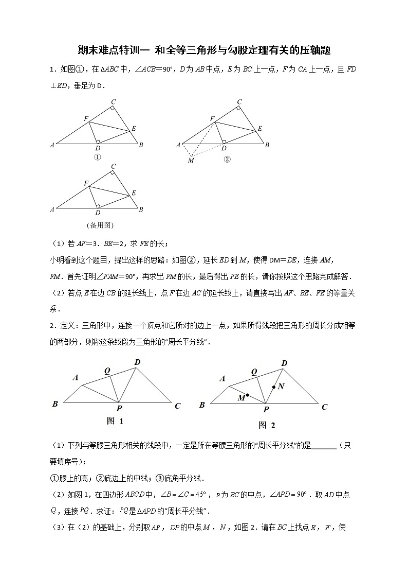 八年级数学上册期末难点特训（一）和全等三角形与勾股定理有关的压轴题第1页