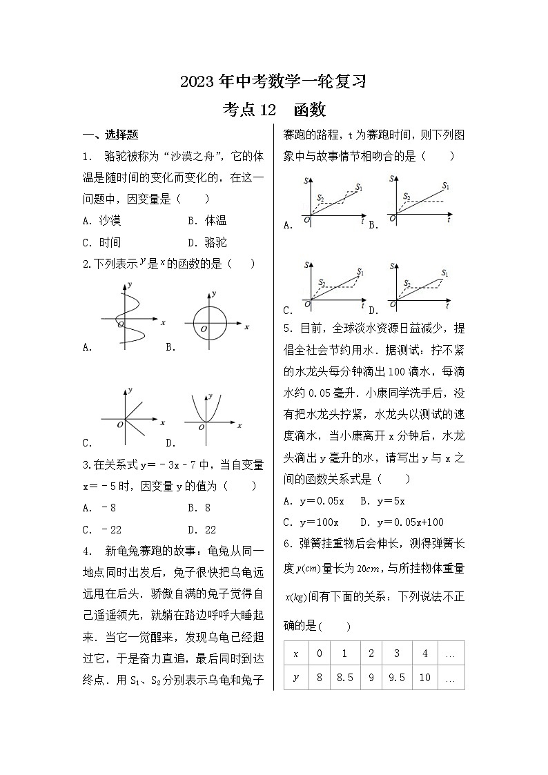 2023年中考数学一轮复习 考点12  函数第1页