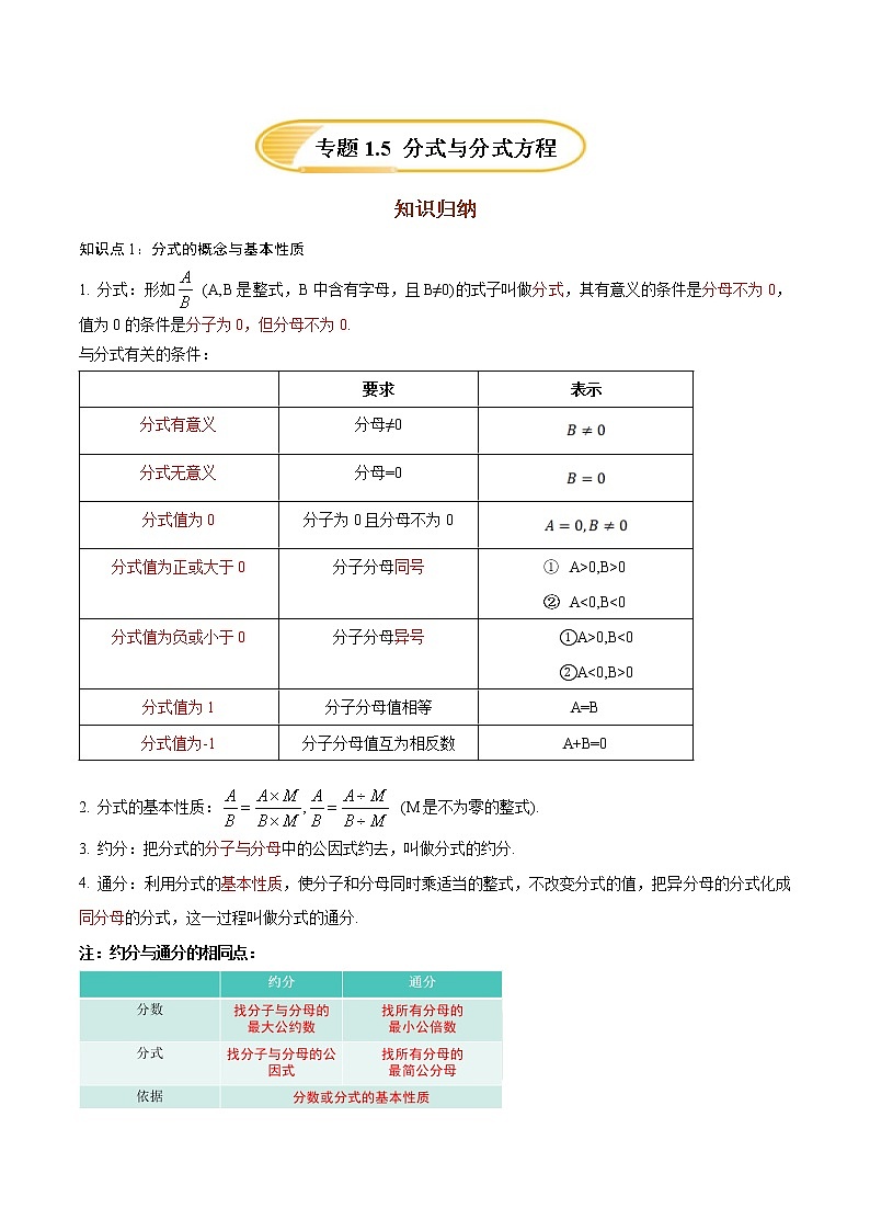 专题1.5  分式与分式方程【知识梳理+真题演练】-八年级数学下学期期末复习宝典（北师大版）（原卷版）第1页