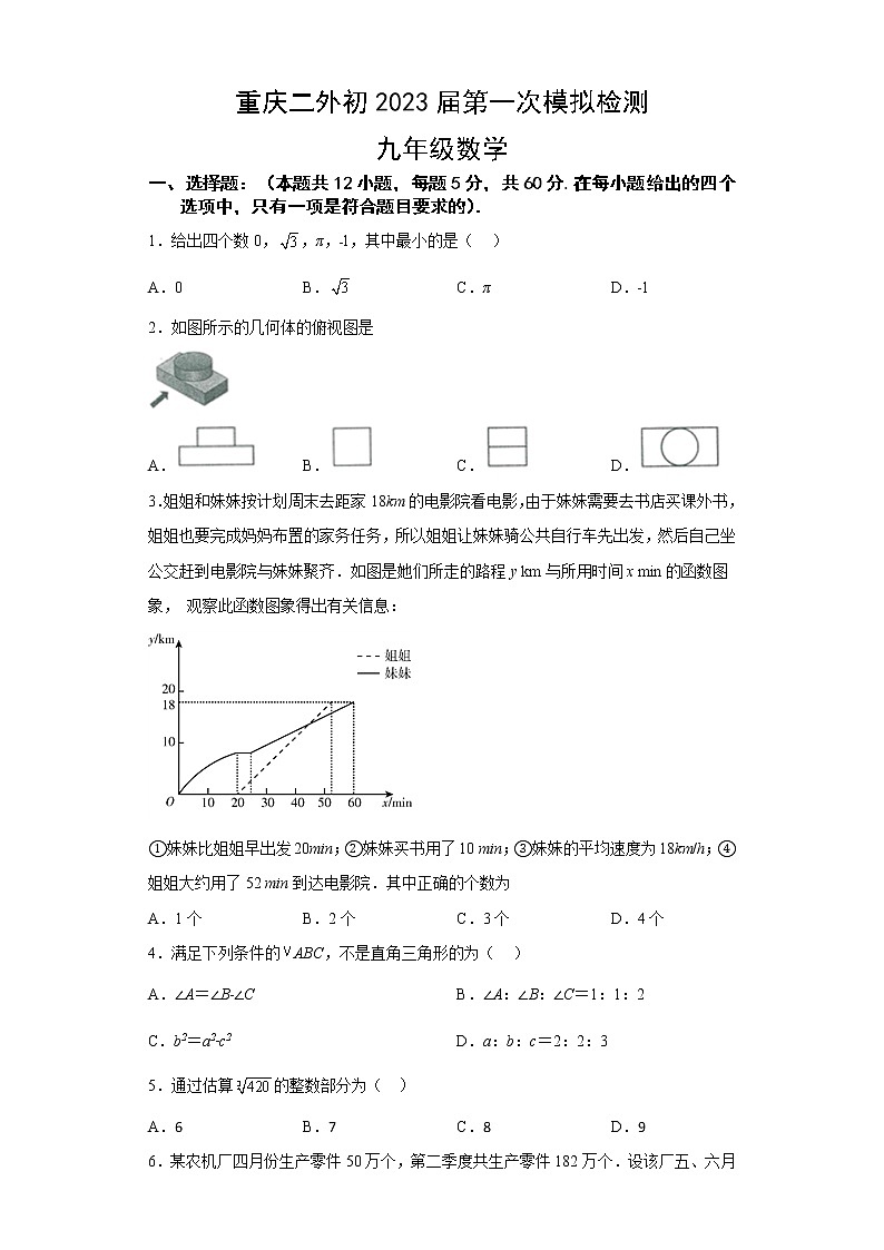 2022年重庆市重庆市南岸区四川外语学院重庆第二外国语学校一模数学试题(含答案)01