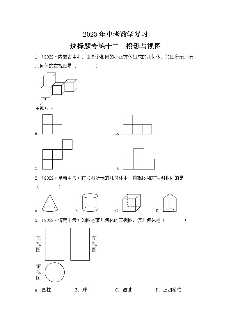 12. 2023年中考数学复习  选择题专练十二  投影与视图第1页