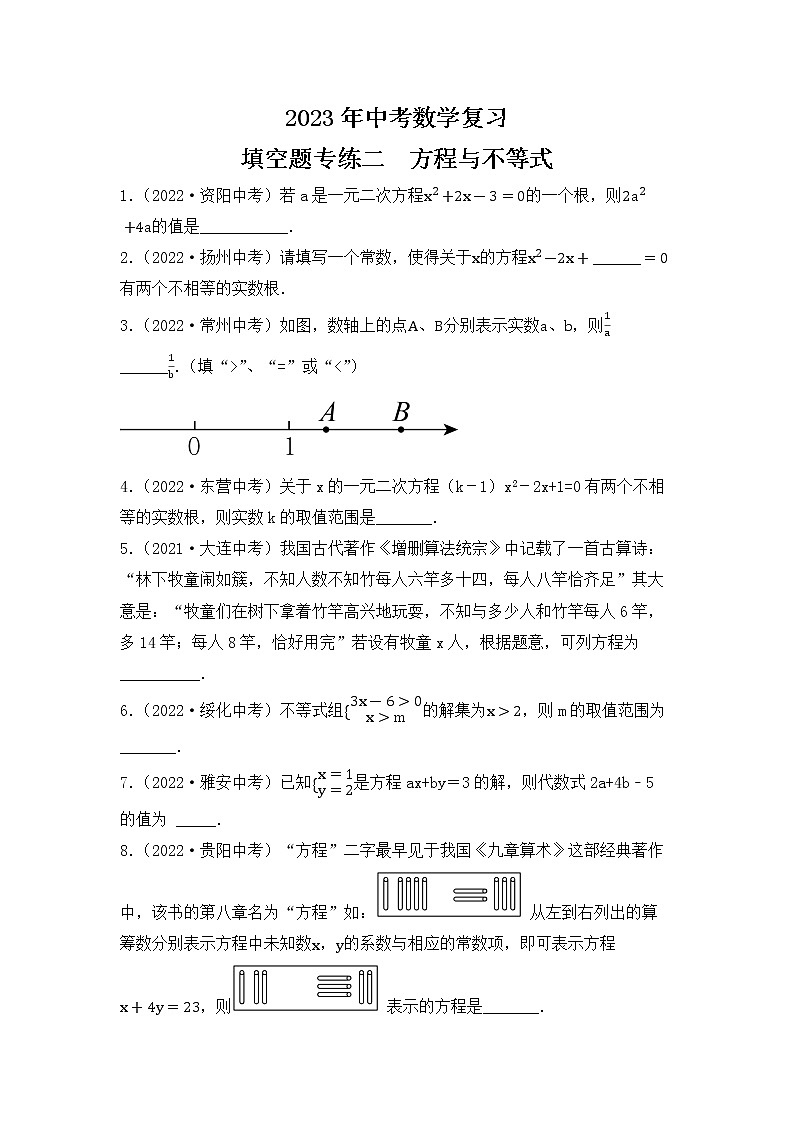 2. 2023年中考数学复习  填空题专练二  方程与不等式第1页