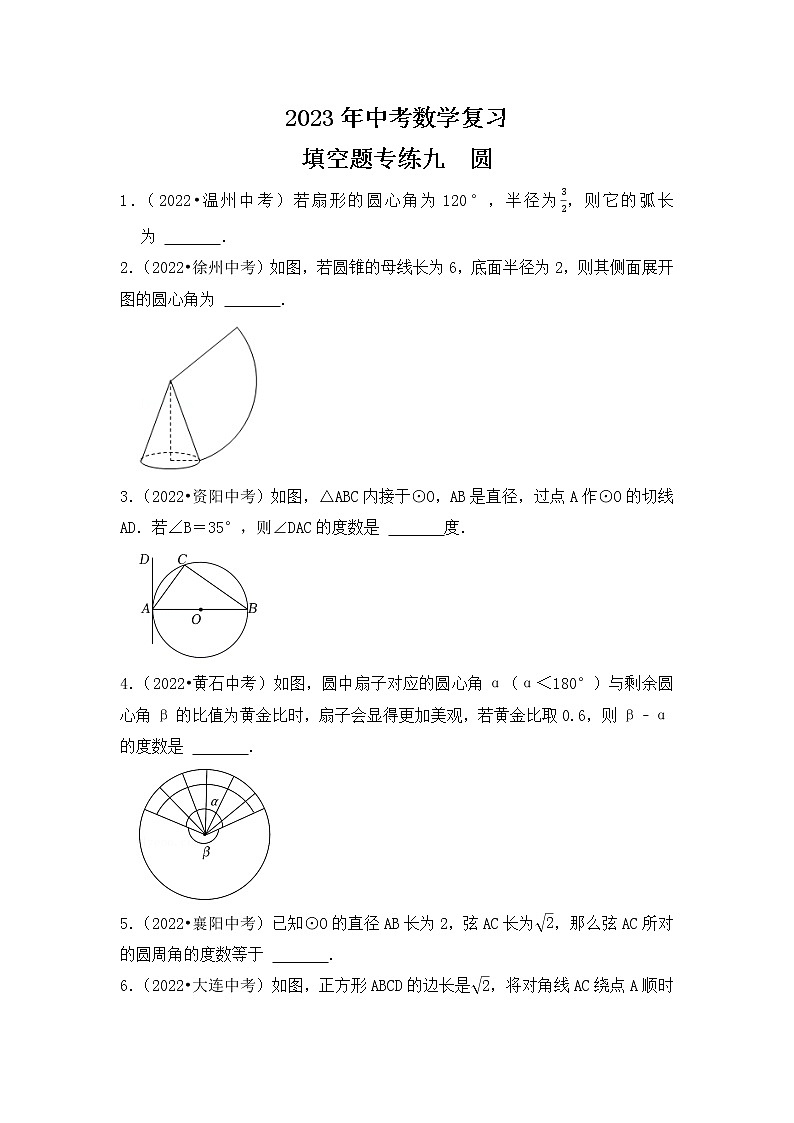 9. 2023年中考数学复习  填空题专练九  圆第1页