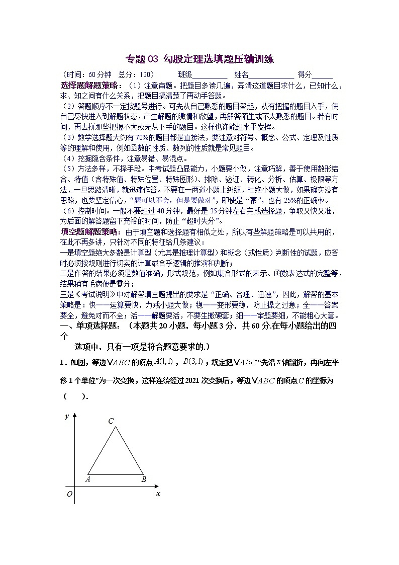 专题03 勾股定理选填题压轴训练（解析版）-八年级数学下学期期末考试压轴题专练（人教版，尖子生专用）第1页