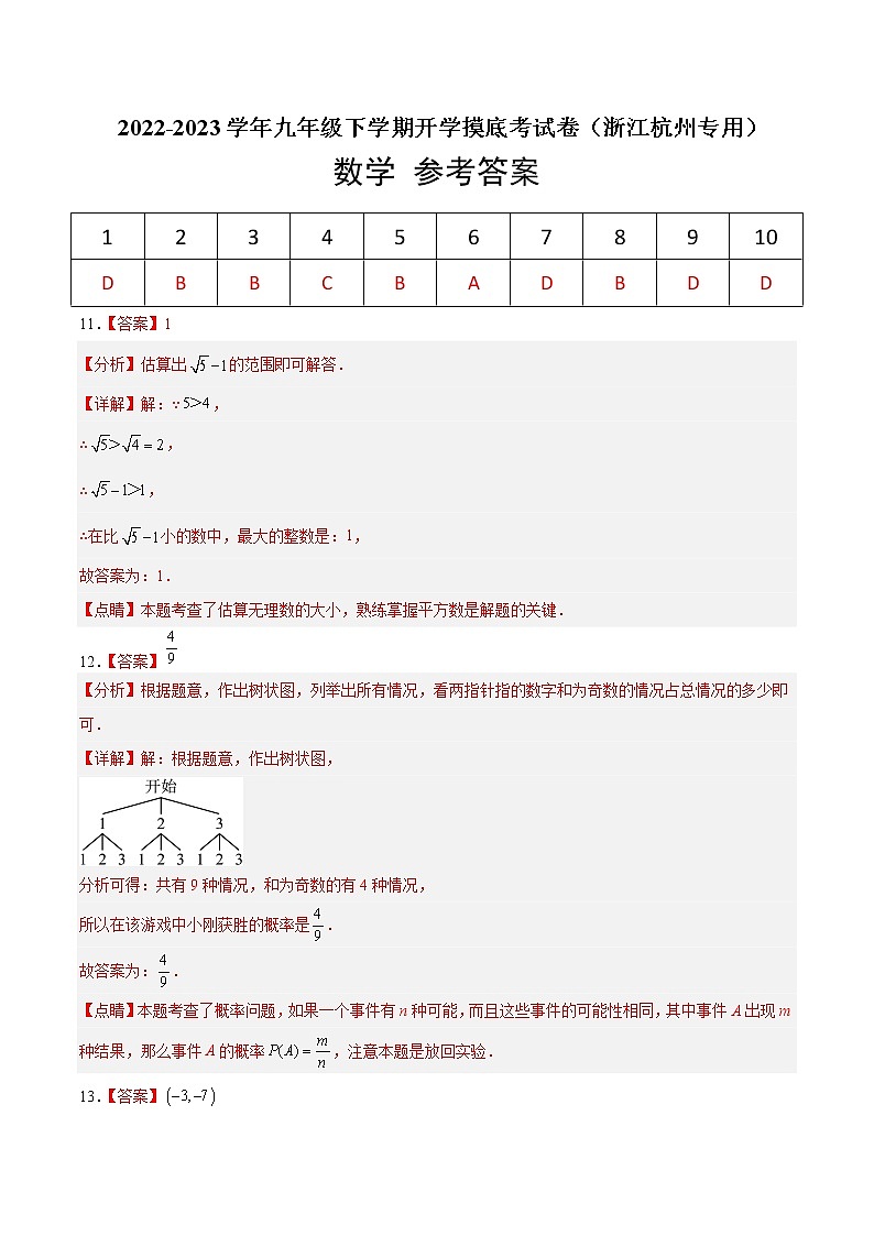 数学-2022-2023学年九年级下学期开学摸底考试卷（浙江杭州专用）（参考答案）第1页