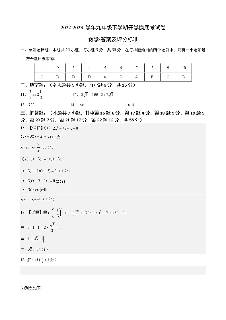 数学-2022-2023学年九年级下学期开学摸底考试卷（深圳专用）（答案及评分标准）第1页