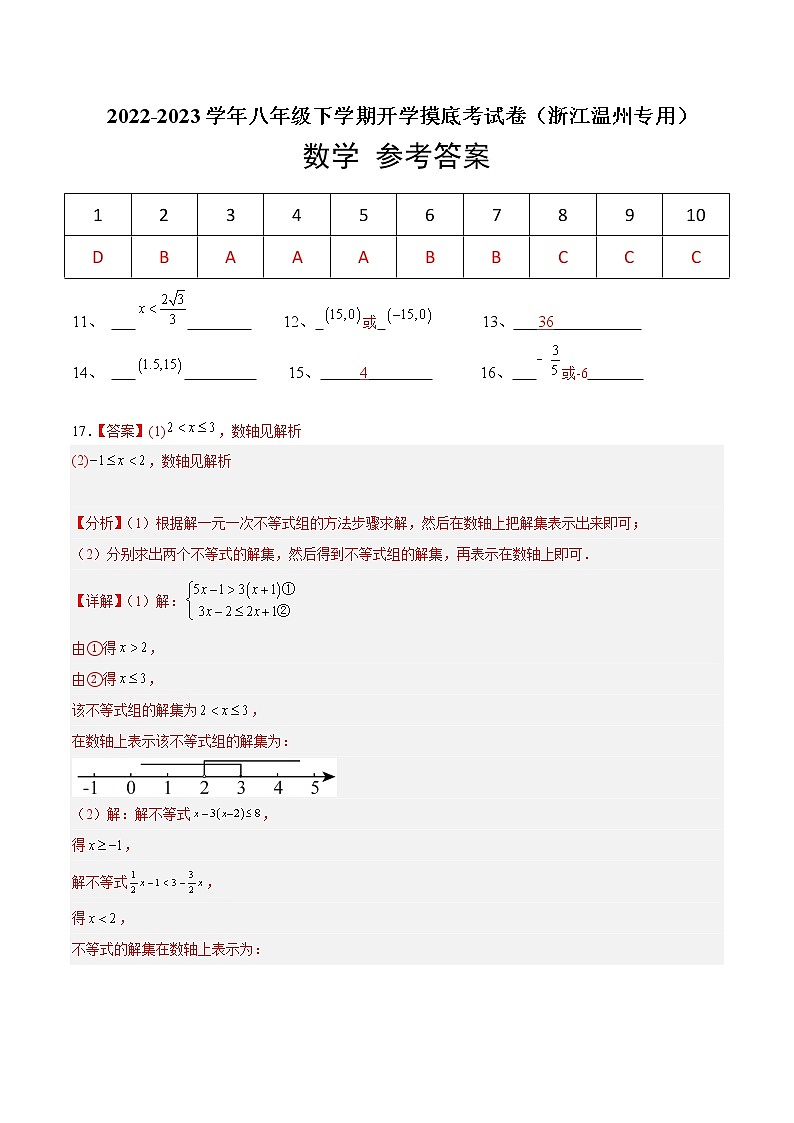 数学-2022-2023学年八年级下学期开学摸底考试卷（浙江温州专用）（参考答案）第1页