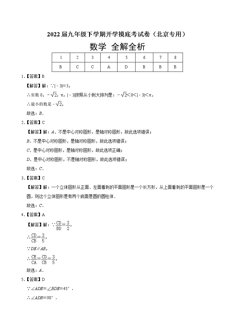 数学-2022届九年级下学期开学摸底考试卷（北京专用）（全解全析）第1页