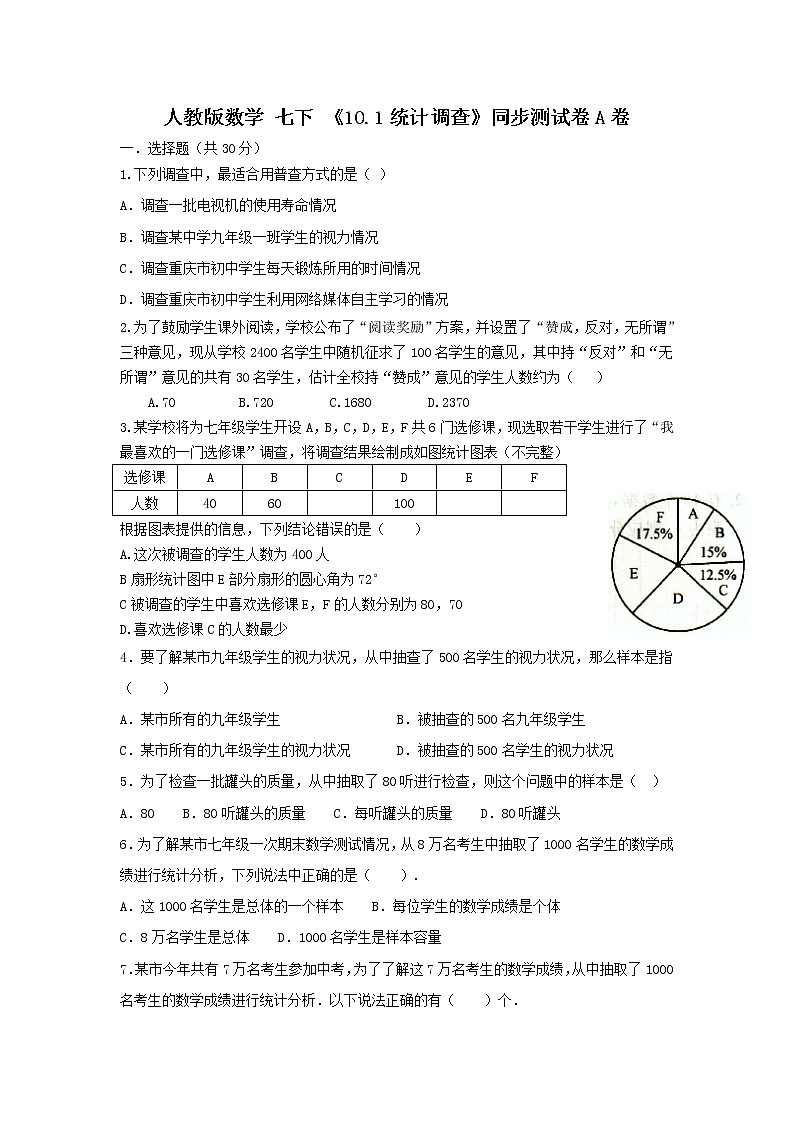 人教版数学 七下《10.1统计调查》同步测试卷A卷 原卷+解析01