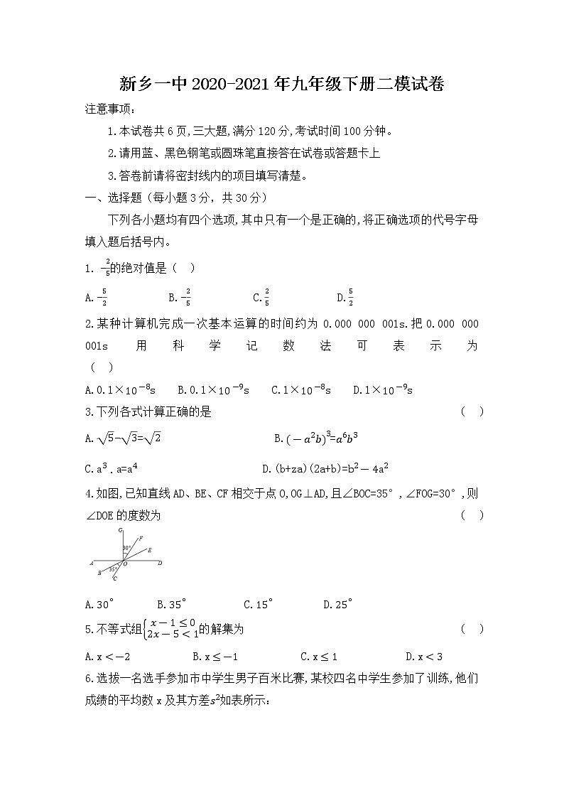 新乡一中2020-2021年九年级下册二模试卷（无答案）第1页