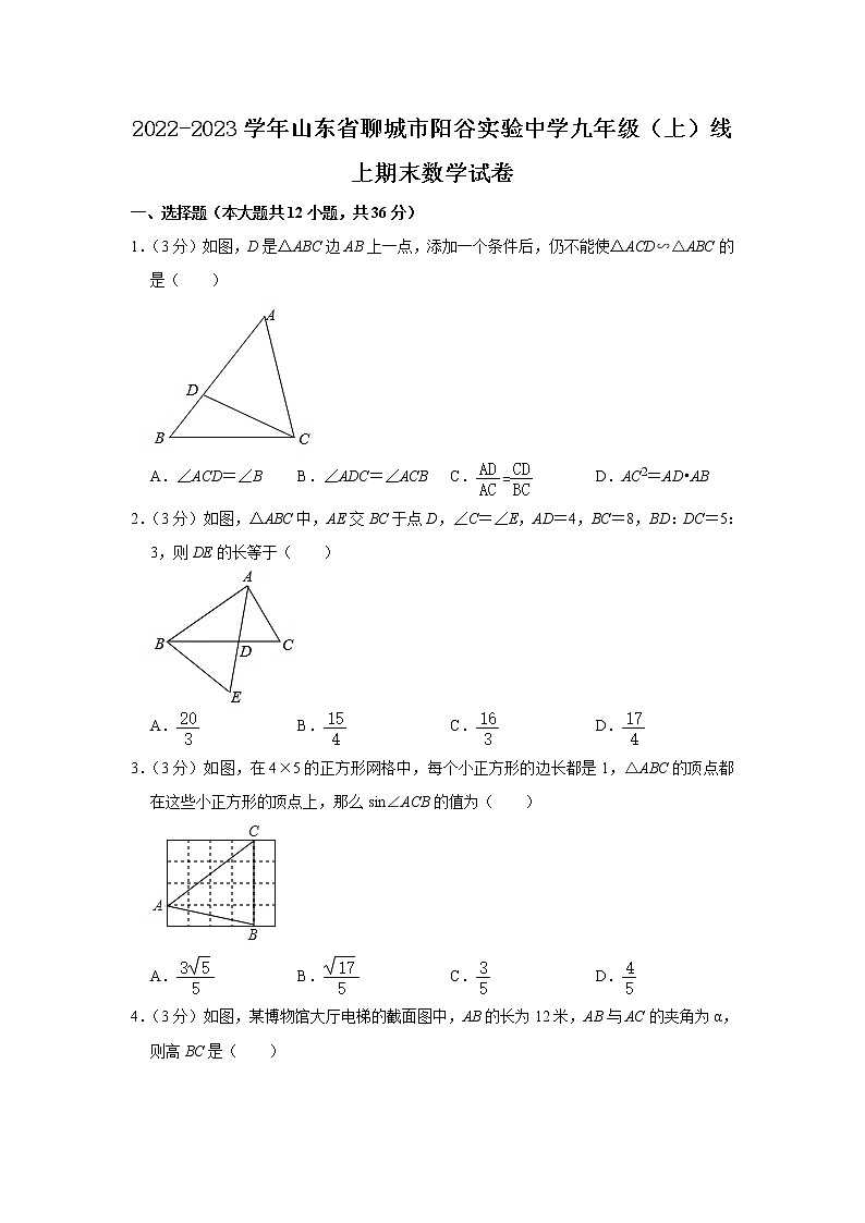 山东省聊城市阳谷实验中学2022-2023学年九年级上学期线上期末数学试卷第1页
