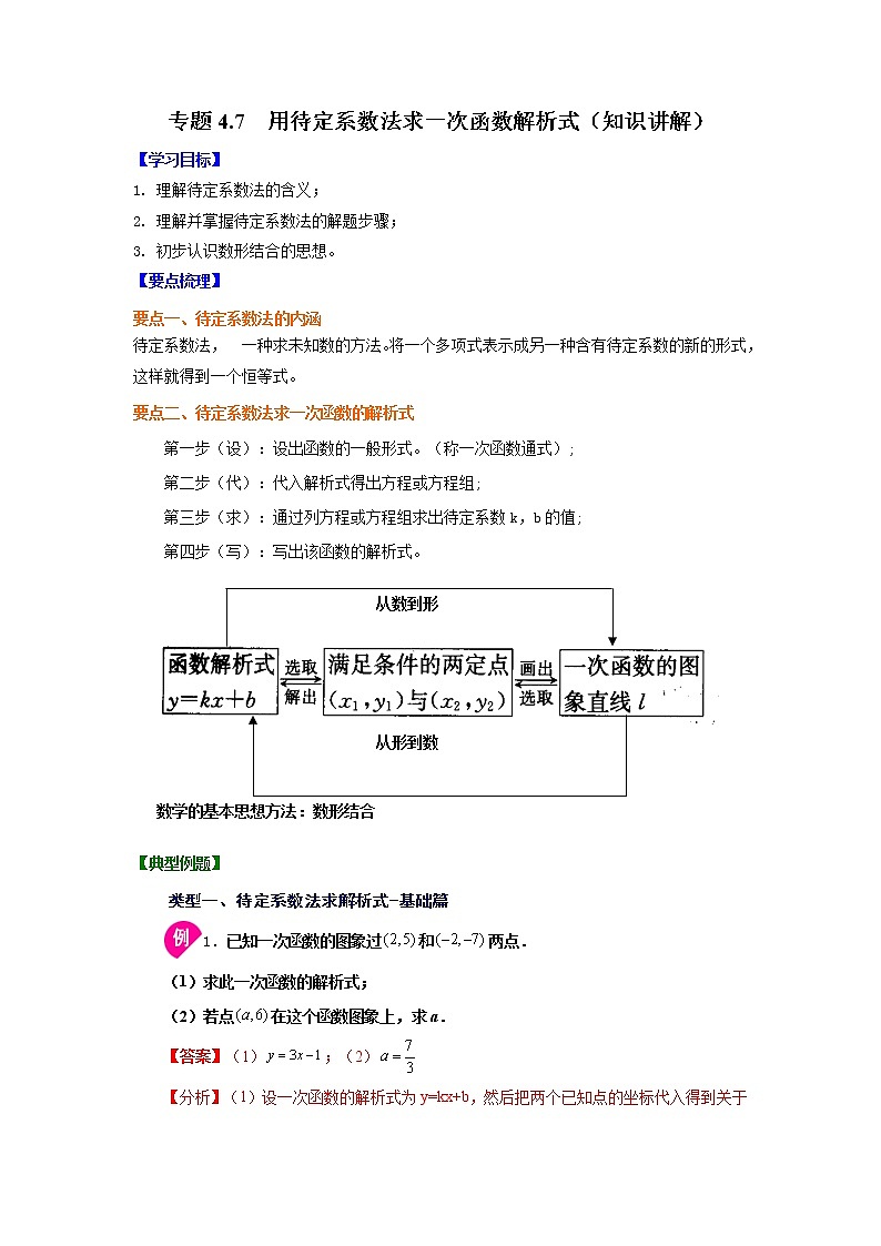 专题4.7 用待定系数法求一次函数解析式（学案讲义）01