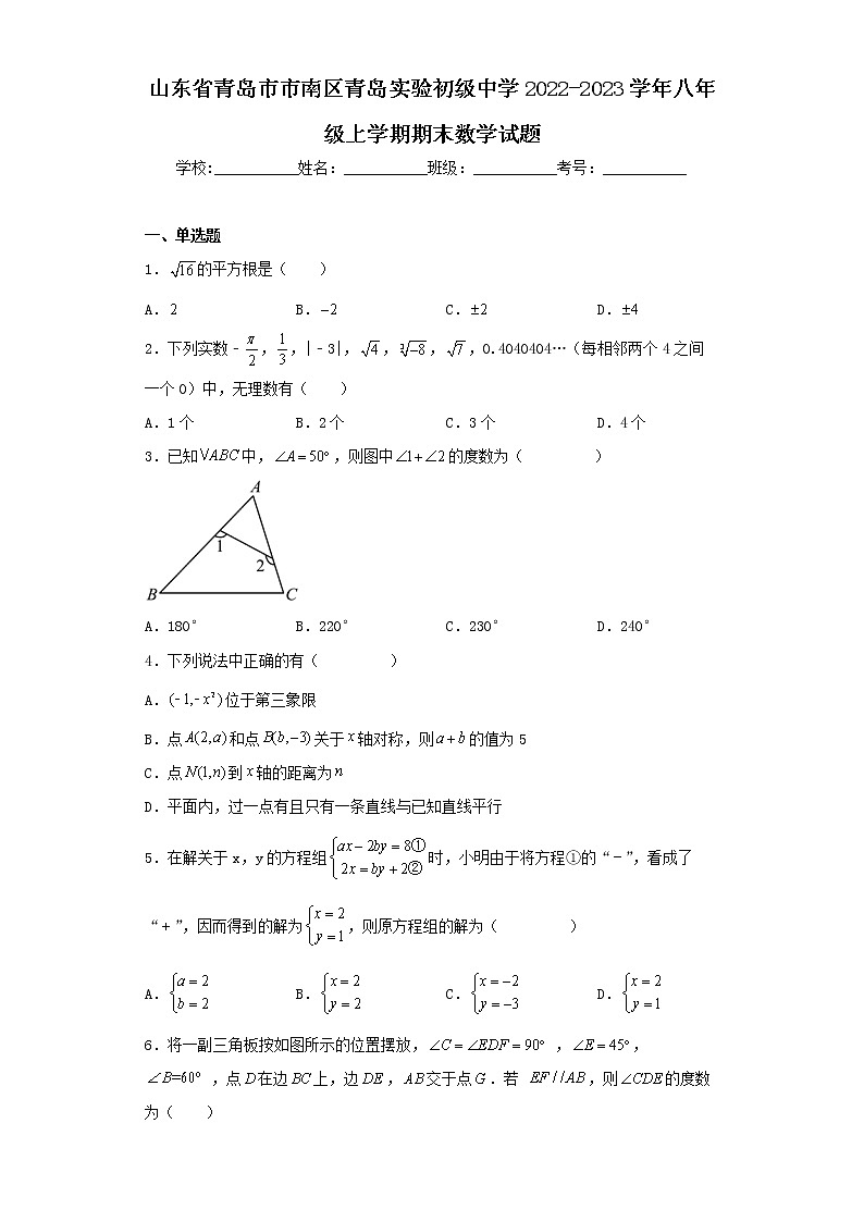 山东省青岛市市南区青岛实验初级中学2022-2023学年八年级上学期期末数学试题第1页