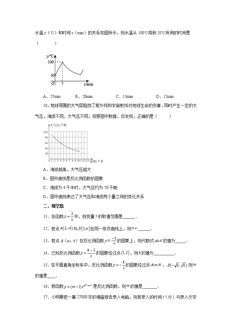 专题26.2 反比例函数（基础篇）（专项练习）-2022-2023学年九年级数学下册基础知识专项讲练（人教版）第2页