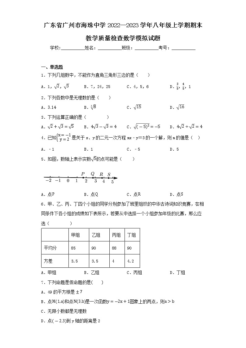 广东省广州市海珠中学2022—2023学年八年级上学期期末教学质量检查数学模拟试题01