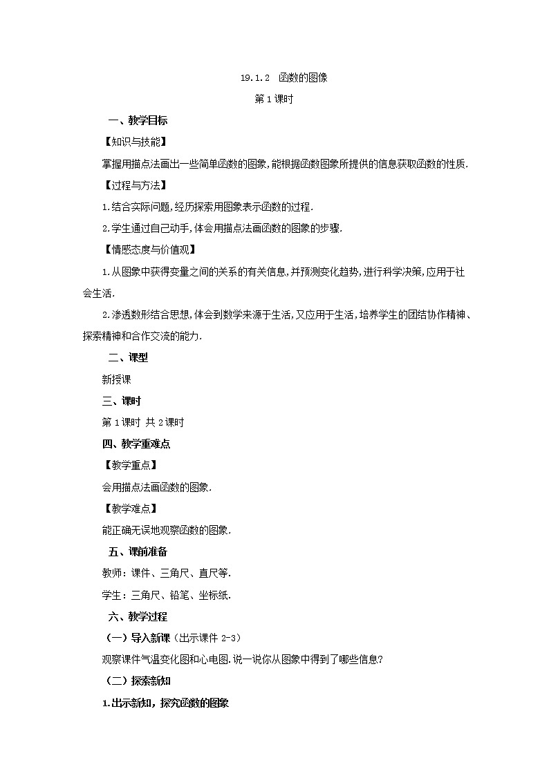 人教版八年级数学下册教案 19.1.2 函数的图象（第1课时）第1页