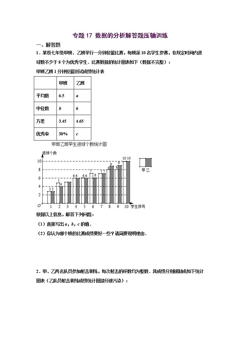 八年级下册初中数学尖子生同步培优专项训练专题17 数据的分析解答题压轴01