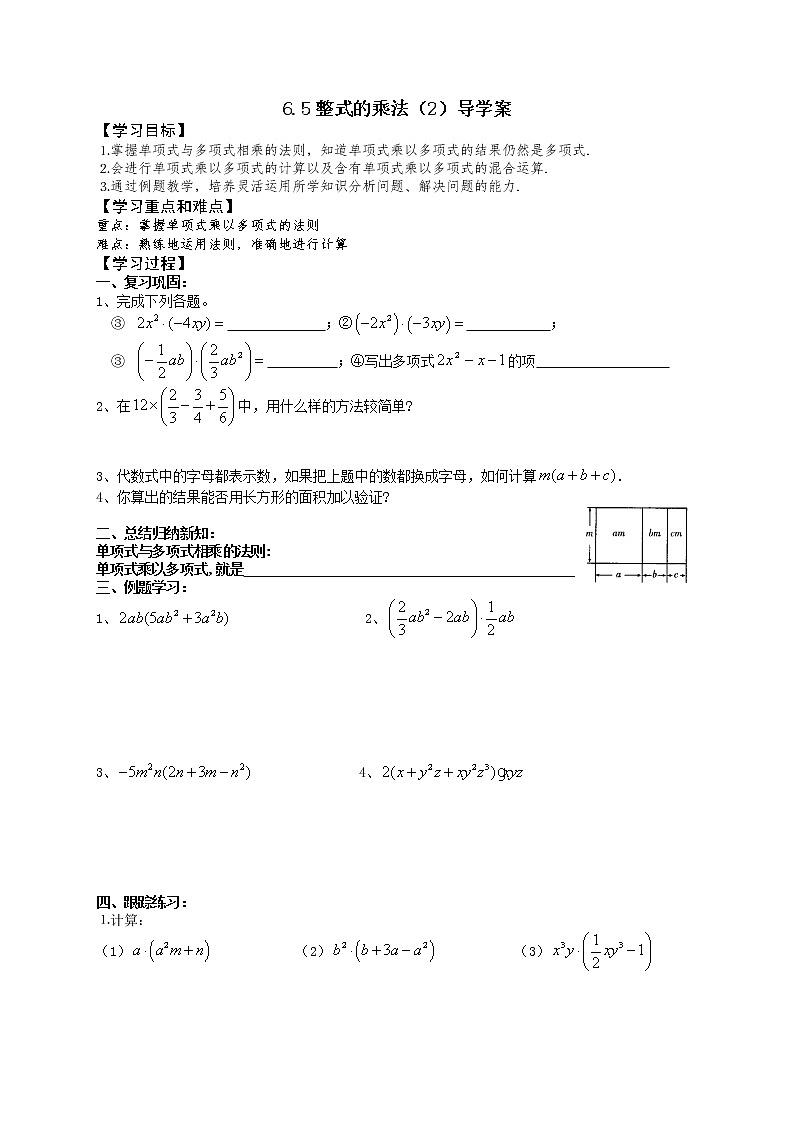 6.5整式的乘法(2) 学案 2022—2023学年鲁教版（五四制）数学六年级下册01