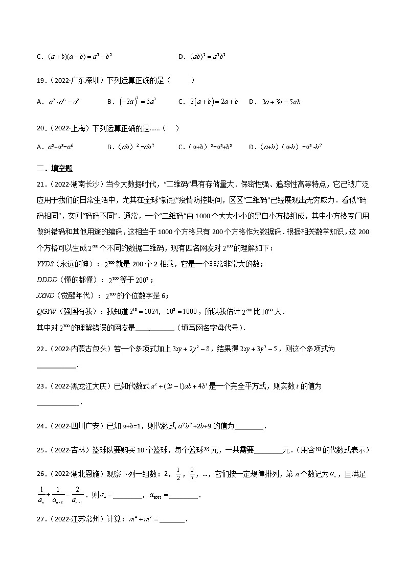 2022年中考数学分类汇编22讲专题02 整式与因式分解03