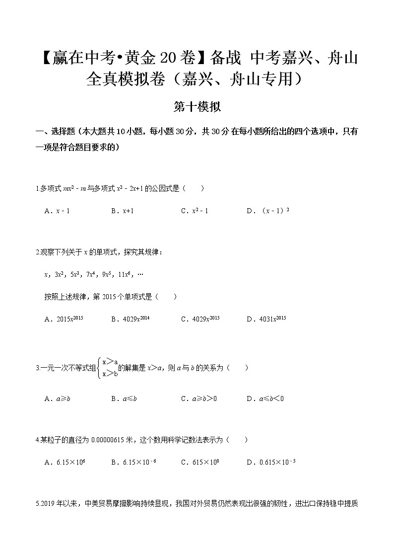 黄金卷10-【赢在中考•黄金20卷】备战 中考数学全真模拟卷（浙江嘉兴、舟山专用）01
