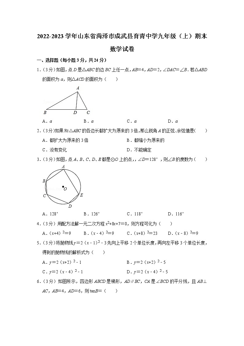 2022-2023学年山东省菏泽市成武县育青中学九年级（上）期末数学试卷第1页