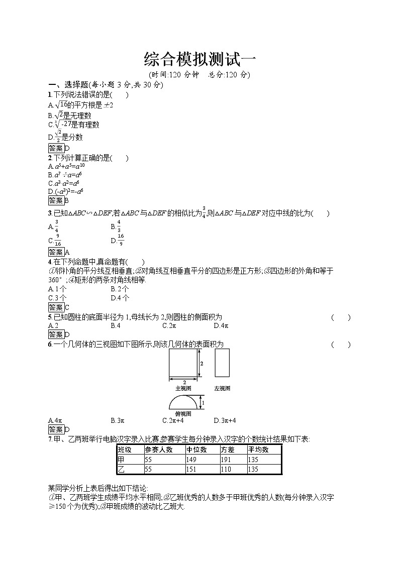 中考数学一轮复习全国版（精练）：综合模拟测试1（带答案）第1页