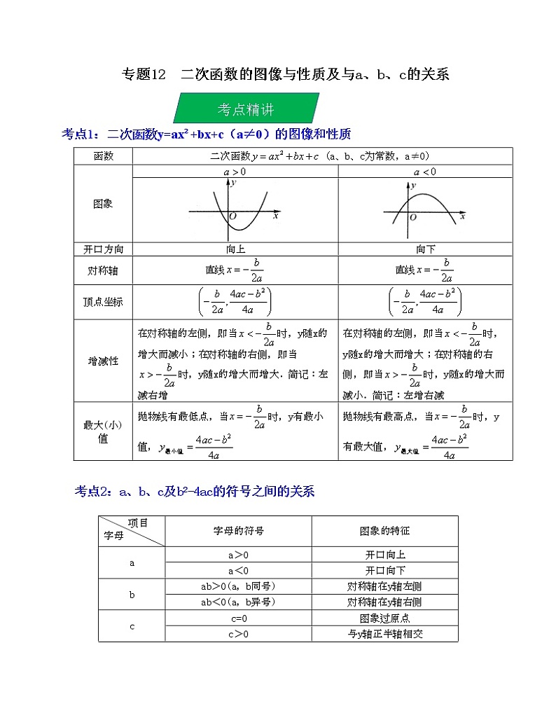 2023年中考数学一轮复习--专题12 二次函数的图像与性质及与a、b、c的关系（考点精讲）（全国通用）第1页