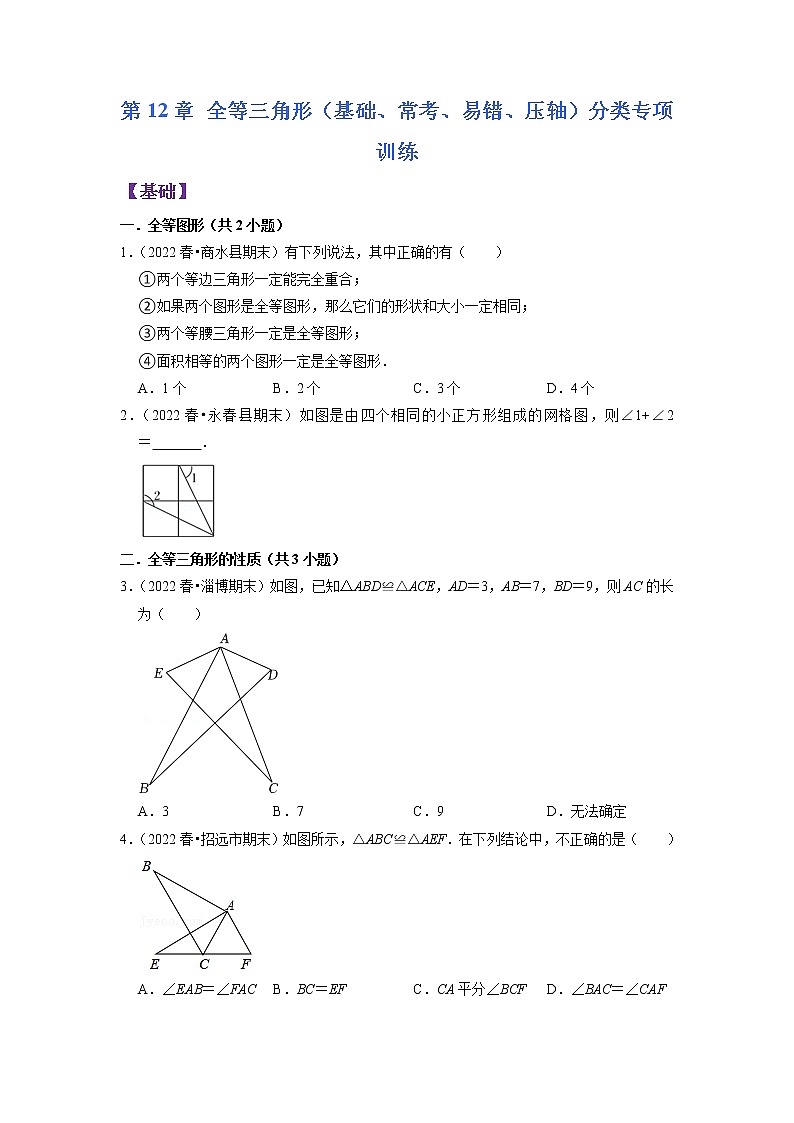 第12章 全等三角形（基础、常考、易错、压轴）分类专项训练2022-2023学年八年级数学考试满分全攻略（人教版）01