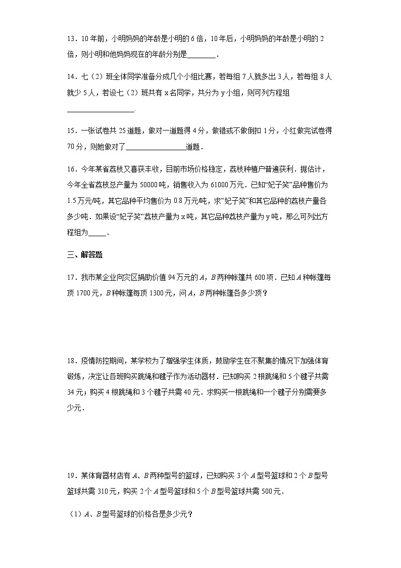 人教版七年级下册数学  8.3实际问题与二元一次方程组（和差倍分问题）专题练习（Word版，含答案）第3页