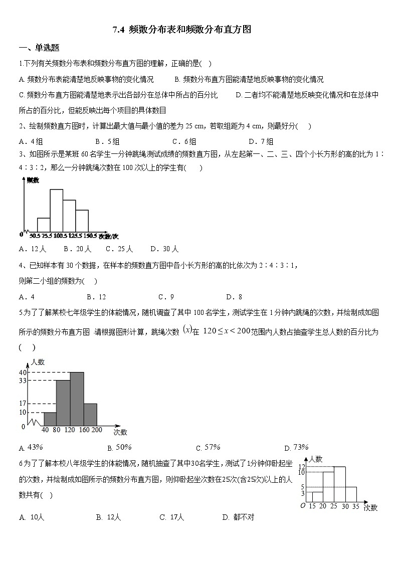 7.4 频数分布表和频数分布直方图 苏科版数学八年级下册同步练习(含答案)01