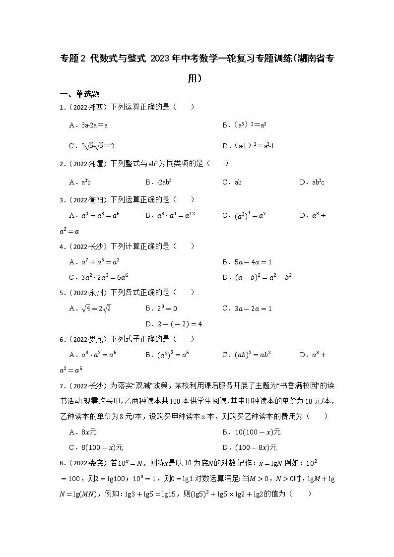 2023年中考数学一轮复习  专题2 代数式与整式  专题训练（湖南省专用）(解析版)01