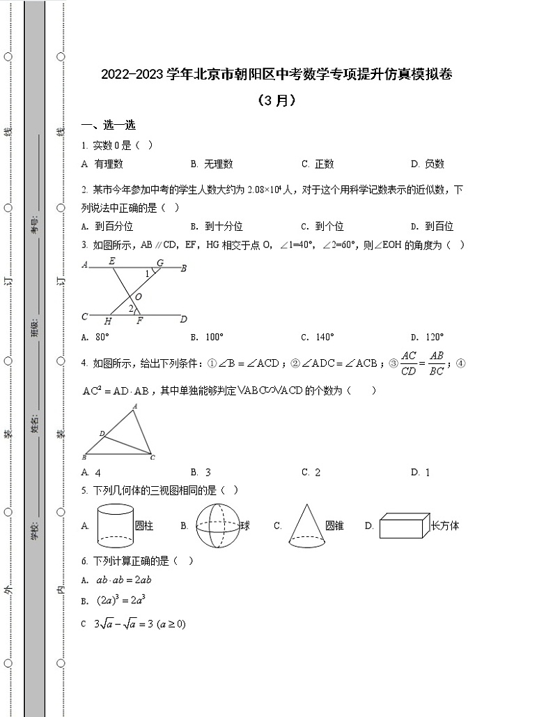 2022-2023学年北京市朝阳区中考数学专项提升仿真模拟卷（3月4月）含解析01