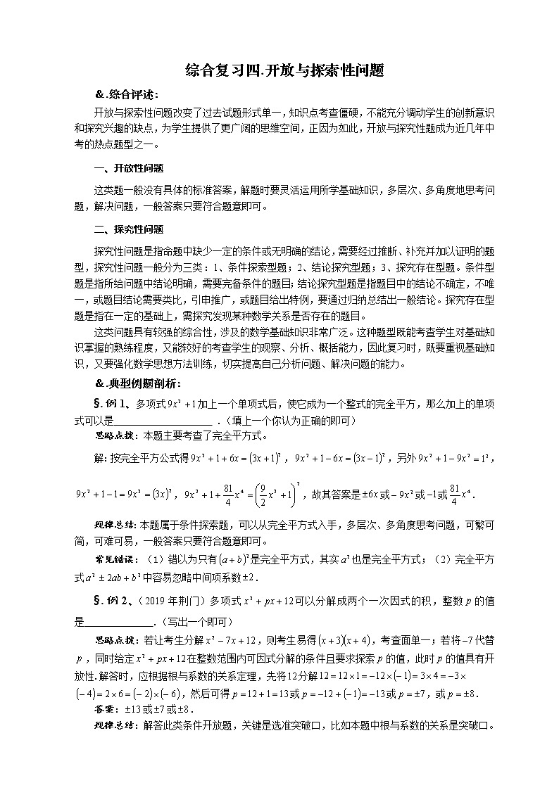 初中数学中考复习 2020年九年级数学中考综合复习4：  开放与探索性问题 复习讲义01