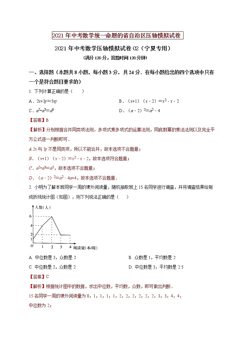 初中数学中考复习 2021年中考数学压轴模拟试卷02 （宁夏专用）（解析版）01
