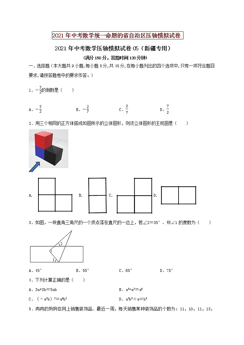 初中数学中考复习 2021年中考数学压轴模拟试卷05 （新疆专用）（原卷版）01