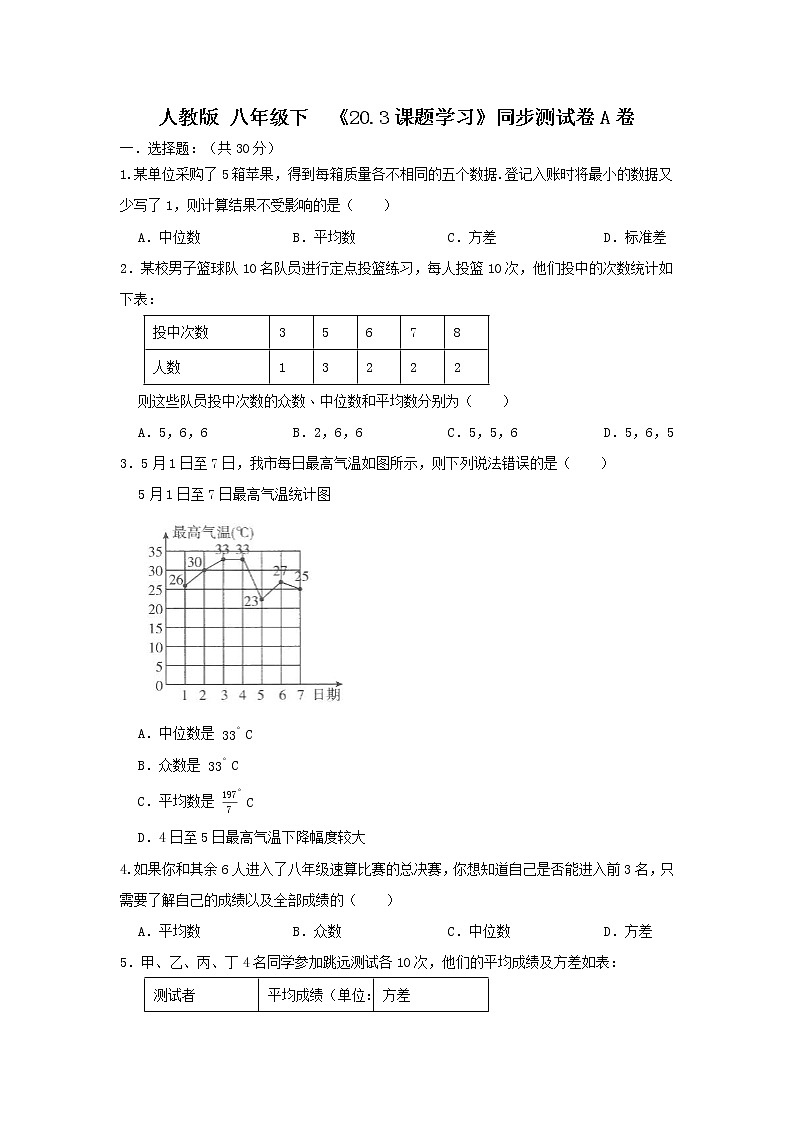 人教版 八年级下  《20.3课题学习》同步测试卷A卷 原卷+解析01
