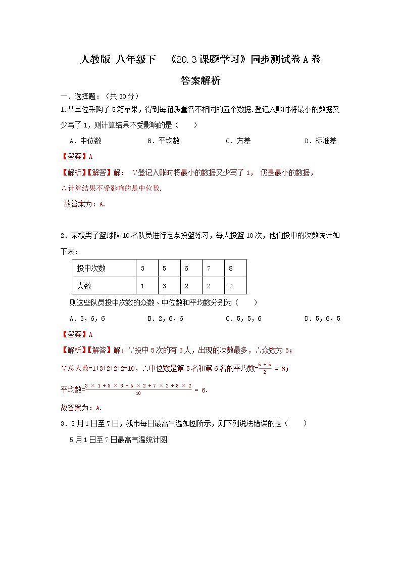 人教版 八年级下  《20.3课题学习》同步测试卷A卷 原卷+解析01