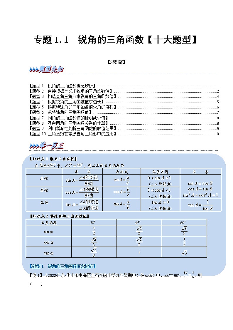 专题1.1 锐角的三角函数【十大题型】-九年级数学下册举一反三系列（浙教版）01